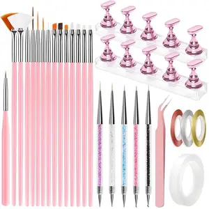 35 Pcs Nail Art Tools, Nail Stand for Painting Nails, Nail Art Brushes, Liner Pens and Dotting Tool, Press on Nail Stands, Nail Technician and Beginner's Nail Design Tool Kit
