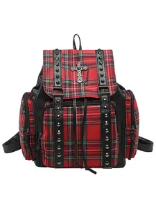 Vintage Style Backpack, Plaid Pattern with Cross Pendant, Punk Rivet Design, Casual All-Season Backpack for Students and Trendy Girls