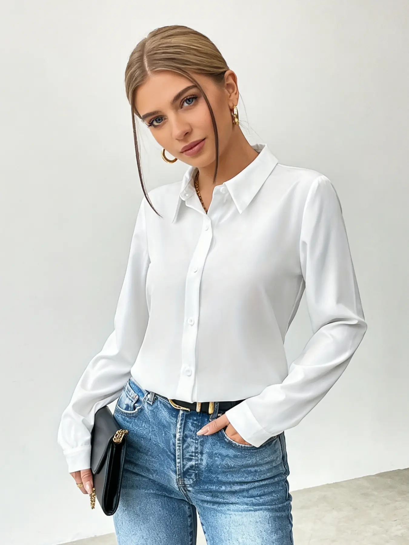 Chic Satin Professional Long Sleeve Buttoned Collared Shirt for Women, Casual Business Style, Skin-Friendly Satin Fabric, Suitable for Commuting, Casual Shirts