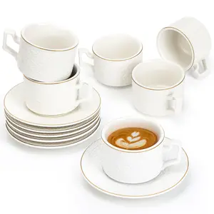 Tea Cups and Saucers Set of 6, Porcelain Vintage Embossed Tea Set for Espresso, Coffee, Mocha, Cappuccino, Women Afternoon Tea Party (White) Drinkware