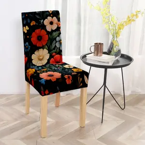 Polyester Dining Chair Slipcover with Colorful Floral Patterns on Black Background, Suitable for Dining Room, Living Room, Study, Balcony, Bedroom, Leisure Area, Soft, Comfortable and Easy to Install, Chair Covers