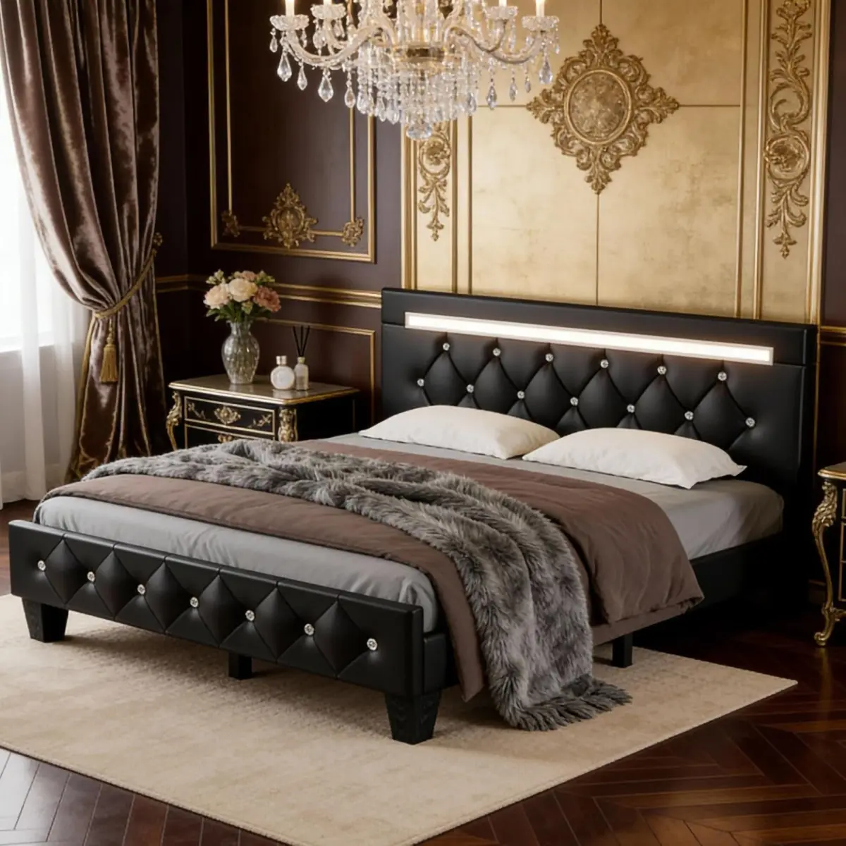 Queen Size Platform Bed Frame with LED Light and Charging Station, Faux Leather Upholstered Platform Bed with Handcrafted Crystal Button Adjustable Headboard, No Box Spring Needed, Solid Wooden Slats, Black