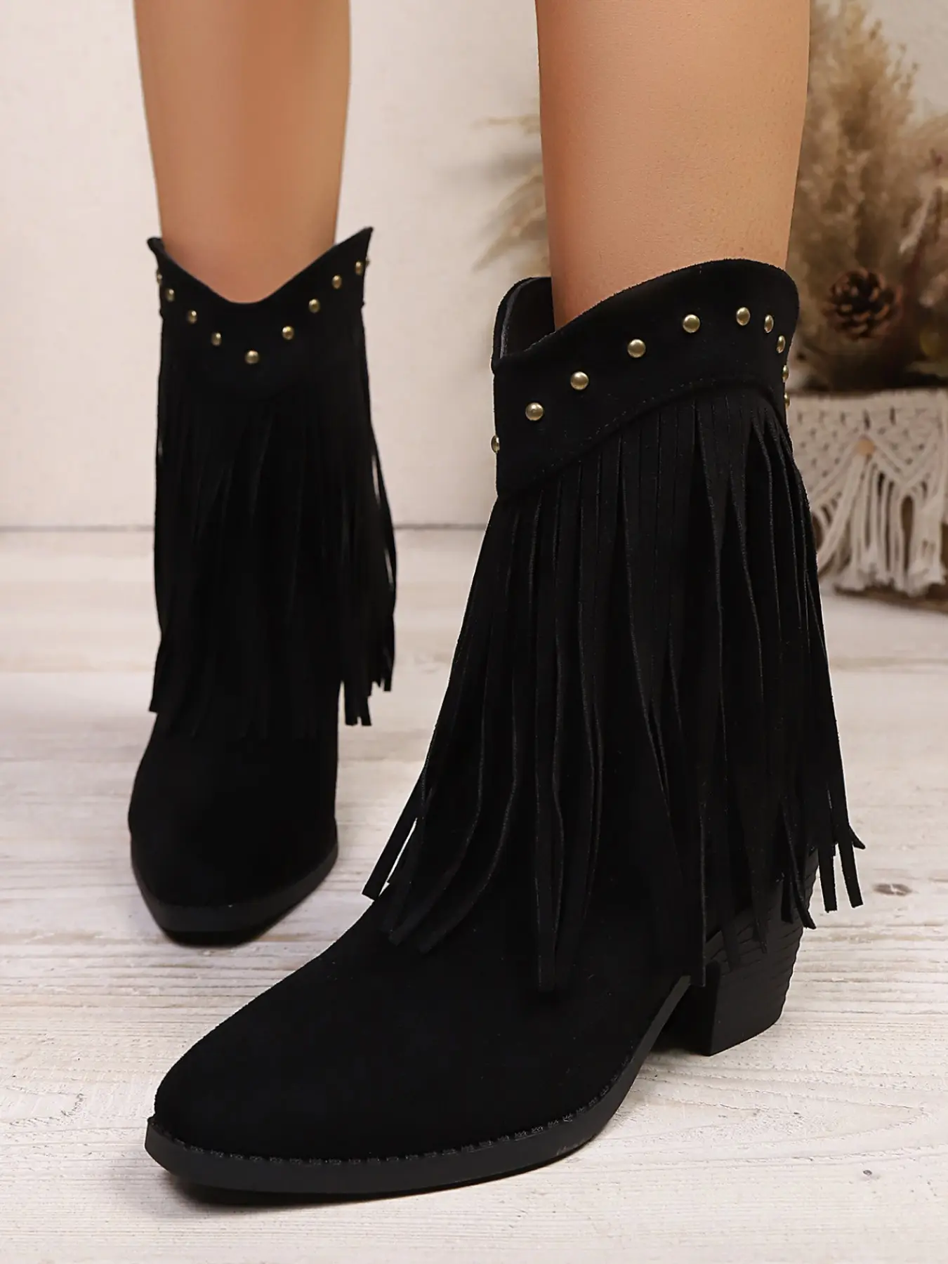 Women's denim boots, cowgirl boots with fringe, metal rivets and vintage straps at the top, pointed toe western ankle boots, chunky heel slip-on design, suitable for casual denim outfits or dresses, Cowboy Boots, Western style boot