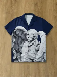 Men's Angel Print Short Sleeve Shirt, Regular Fit Casual Baroque Printed Collared Button Shirt for Summer, Fashion Men's Top for Daily Wear, Tropical