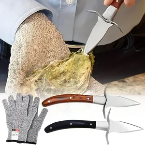2 Set Sturdy Sharpness Oyster Knife With Comfort Wood-handle,Oyster Shucking Kit With 1 Pairs Of Level 5 Protection Cut-resistant Gloves(L) For Oyster Clam,Kitchen Accessories Blade Stainless