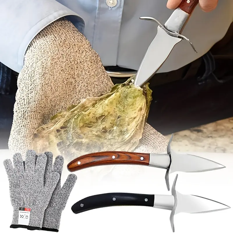 2 Set Sturdy Sharpness Oyster Knife With Comfort Wood-handle,Oyster Shucking Kit With 1 Pairs Of Level 5 Protection Cut-resistant Gloves(L) For Oyster Clam,Kitchen Accessories Blade Stainless