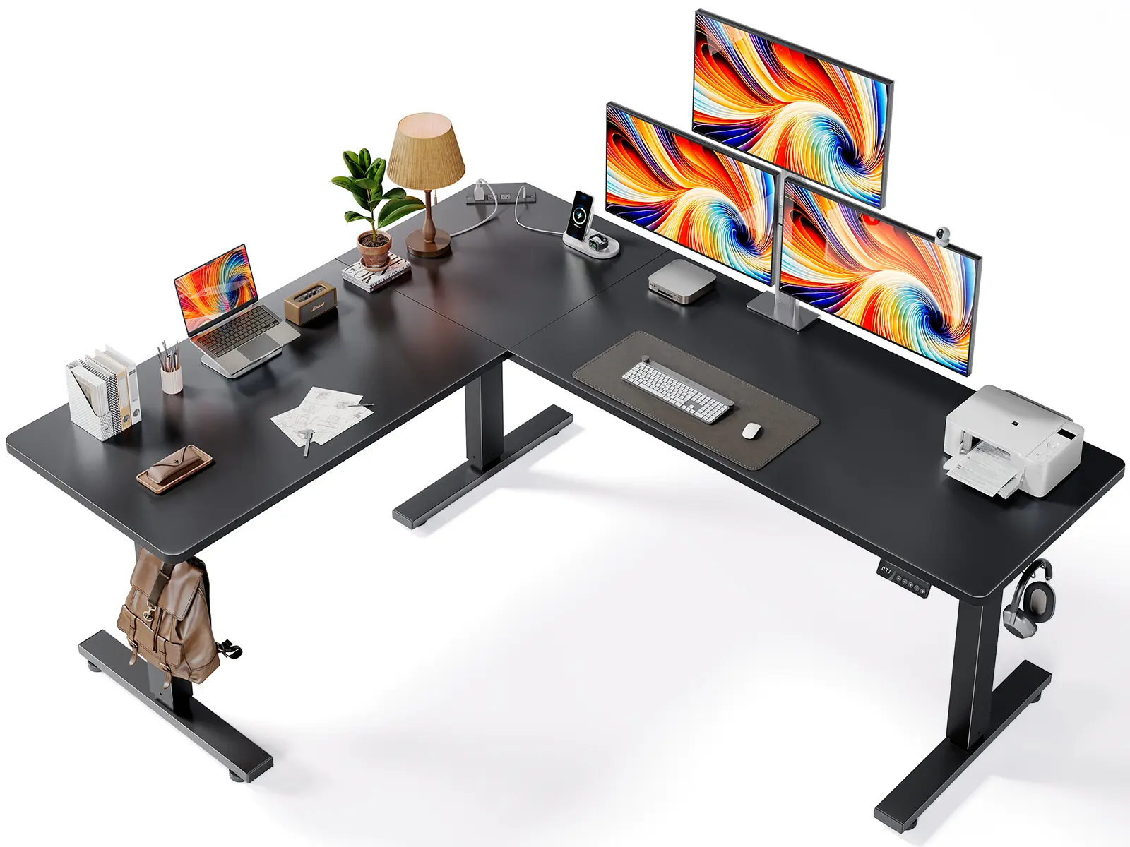 Automatic Height-Adjustable Modern L-Shaped Computer Desk (63x55in) - Office Furniture with Adjustable Mount, Charging Station, Memory Controller, Splice Board for Home Office Gaming Setup, Standing Desk Needs, Streamer/Studio Use