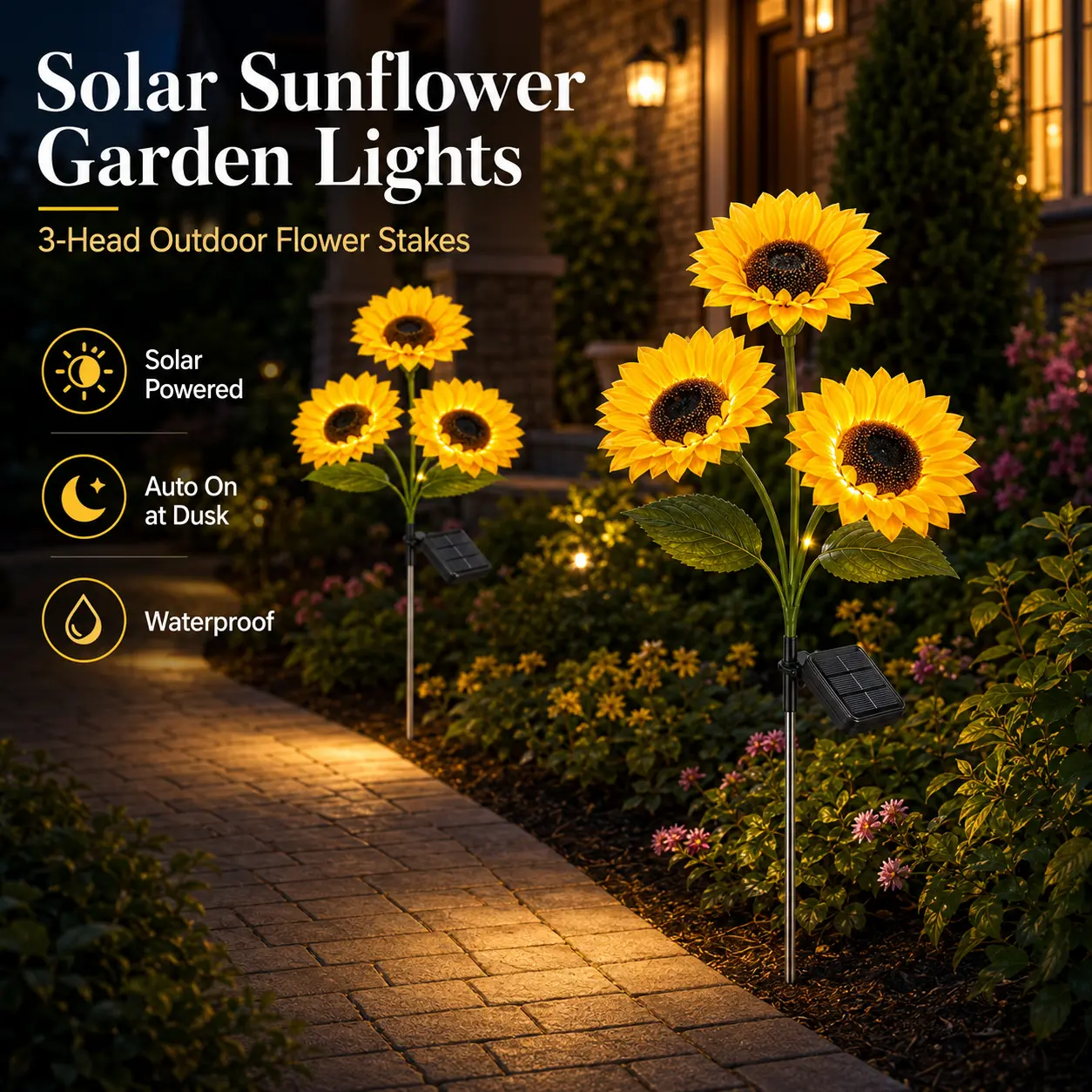 3 Head Solar-Powered Sunflower Garden Lights, Durable LED Flower Stake Lights, IP65 Waterproof Portable Solar Decorative Lamps for Outdoor Pathway, Patio