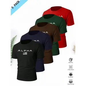 Men's 5-Pack Short Sleeve Dry-Fit Sports Round Neck T-Shirts, Fashion Letter Print, Comfortable Breathable, Ideal for Summer, Gym Outfit Tee, Athletic Apparel