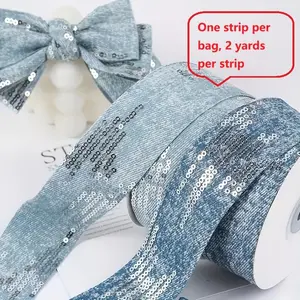 2 Yard Straight Edge Sequined Denim Lace Trim, Perfect for Bow Making, Gift Wrapping, DIY Craft Accessories, Fabric & Sequins