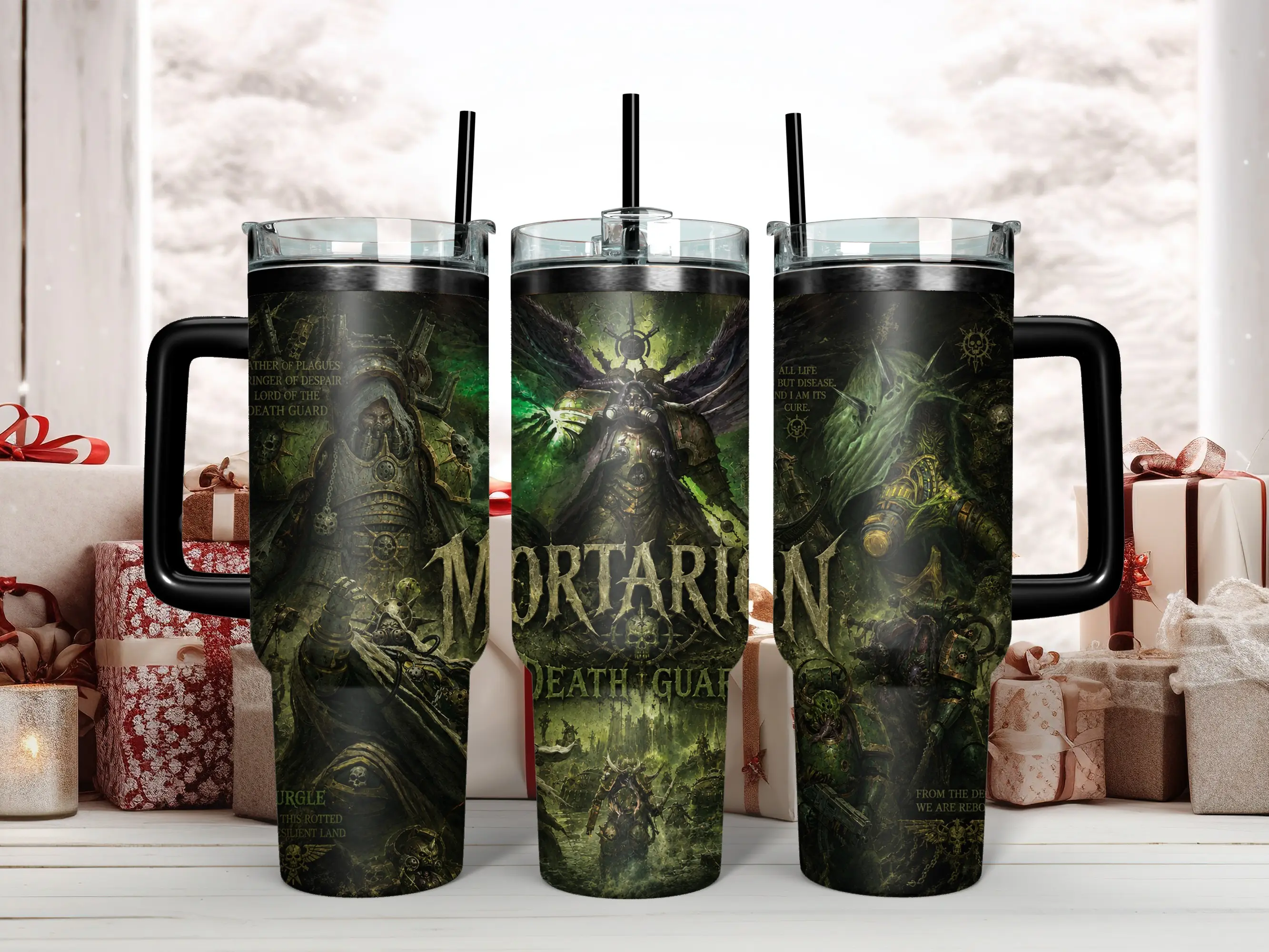 Warhammer 40K Mortarion Primarch of the Death Guard 40oz Insulated Stainless Steel Tumbler - Epic Chaos Space Marine & Daemon Prince Art Travel Mug with Handle & Straw - Perfect Grimdark Gift for Tabletop Gamers