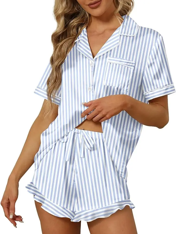 Women's Silk Pajamas Set with Notch Collar and Shorts - Homewear for Ultimate Comfort - Fabric