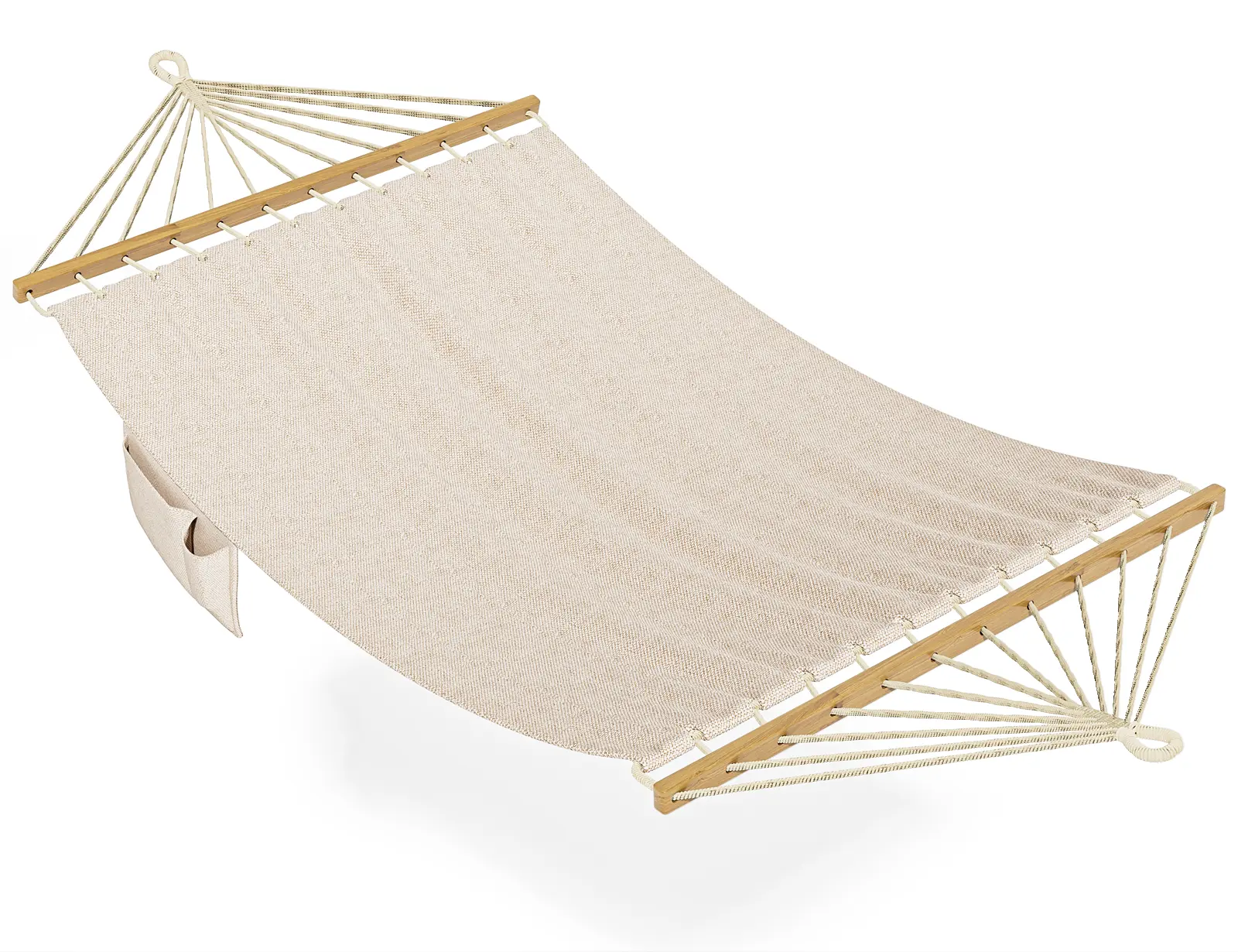 Angchiluo 2-Person Cozy Hanging Hammock for Adults, Outdoor Portable Fabric Hammock Without Stand, Wooden Spreader Bar, Side Storage, for Patio-Indoor Use (Beige)