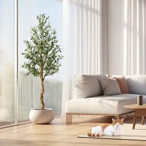 Lifelike Artificial Olive Tree, 4ft-6ft Tall Realistic Faux Plant with Natural Wood Trunk & Lifelike Fruits, Potted Decorative Indoor Tree, Boho Home Decor for Living Room Office