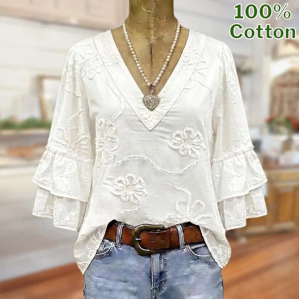 Sage Vell 100% Cotton White Floral Embroidery Blouse 3/4 Sleeves V Neck Double Layer Ruffle Half Sleeve Loose Fit Casual Vintage Top For Daily Vacation Beach Office Wear