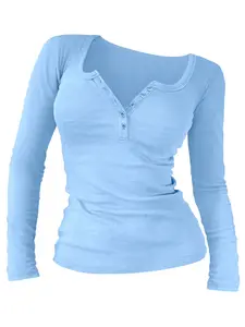 Spring Fall Fashion Casual Basic Thin Fit Long Sleeve Round Neck Solid Color  Women's Top T-Shirt with Buttons, Comfortable Fabric for Daily Wear