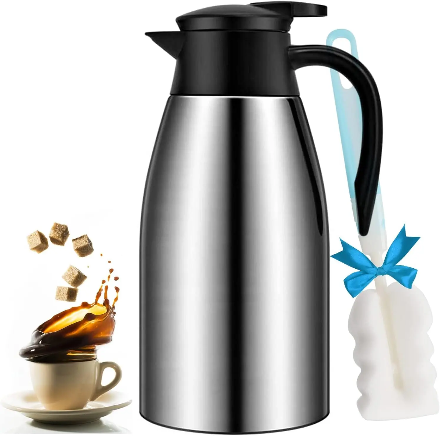68oz Double-Wall Stainless Steel Vacuum Insulated Thermal Flask - Leak-Proof Easy-Pour Beverage Serving Carafe Jug, 12hr Hot & 24hr Cold Retention, 10-Cup Capacity, Heat-Resistant for Daily Use Tea & Coffee Lovers, 1-Handed Pouring