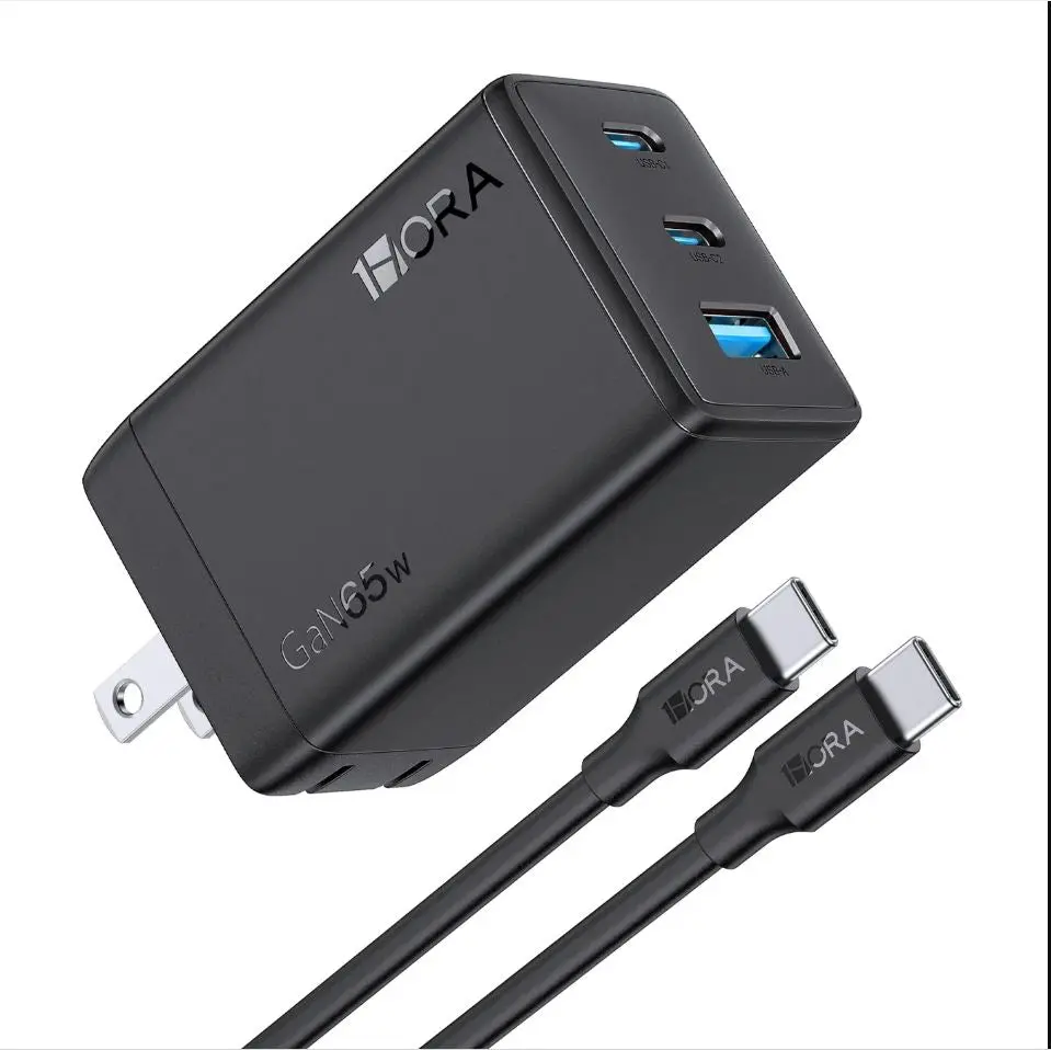 1Hora GAR322 GaN 65W Fast Charger with 3-Port Output For MacBook Pro/Air, Dell XPS, IPhone 16/15 Pro Max/ IPhone14/13/iPad Pro, Galaxy S23/S22 and more devices