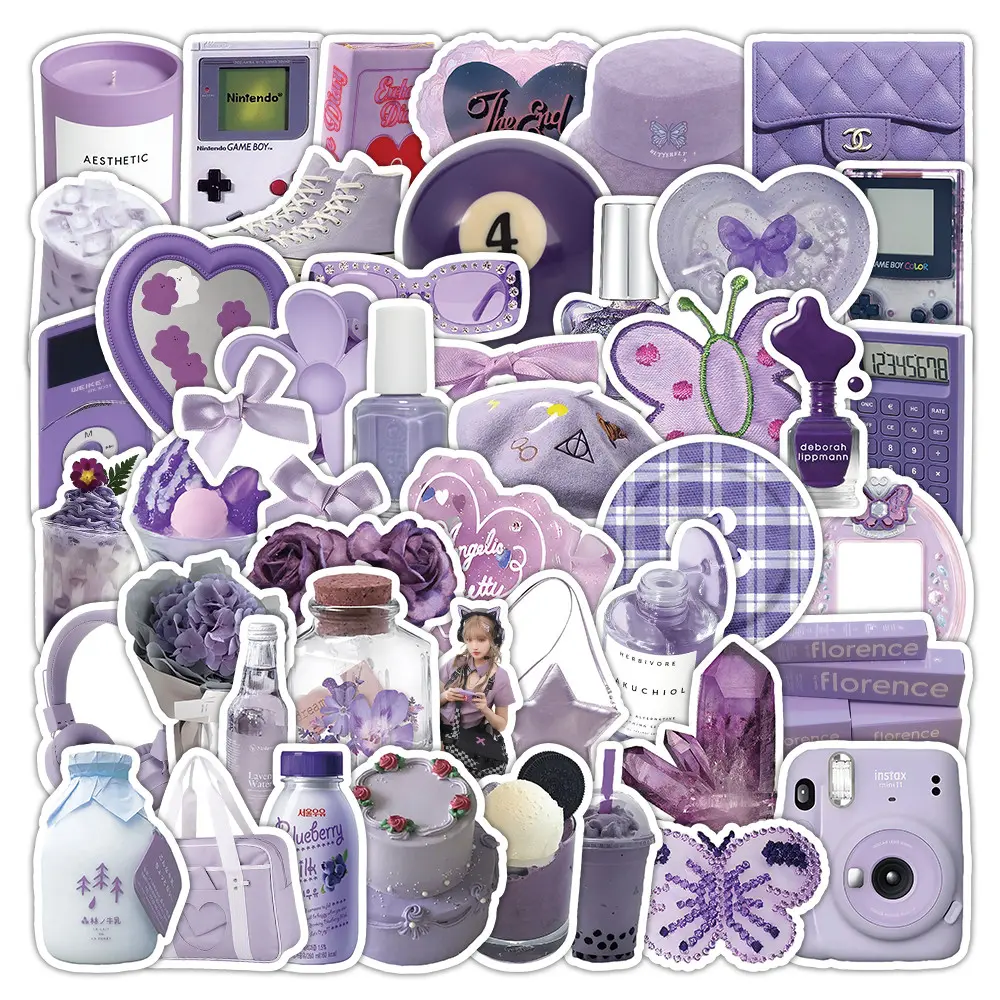 54 Pcs Trendy INS-Style Purple Stickers - Stylish Decals for Journal & Stationery DIY Embellishment