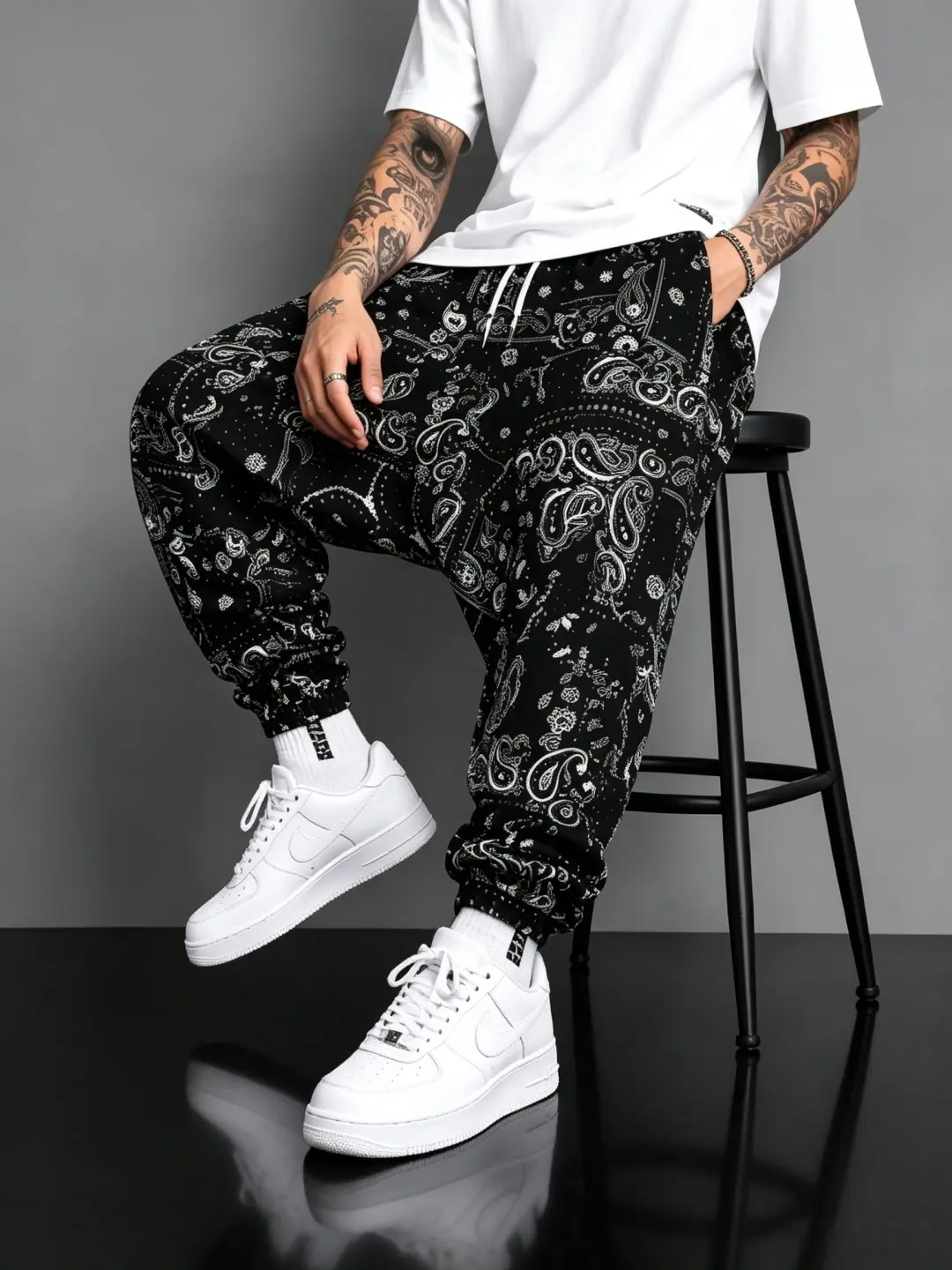 Men's Black Paisley Print Joggers - Loose Fit Mid Waist Ankle Length Casual Wear Normal Type Hip Hop Streetwear Polyester Synthetics Drawstring Sweatpants