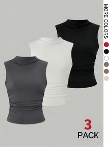 women's solid ruched mock neck tank top, casual sleeveless top for summer, ladies clothes for daily wear