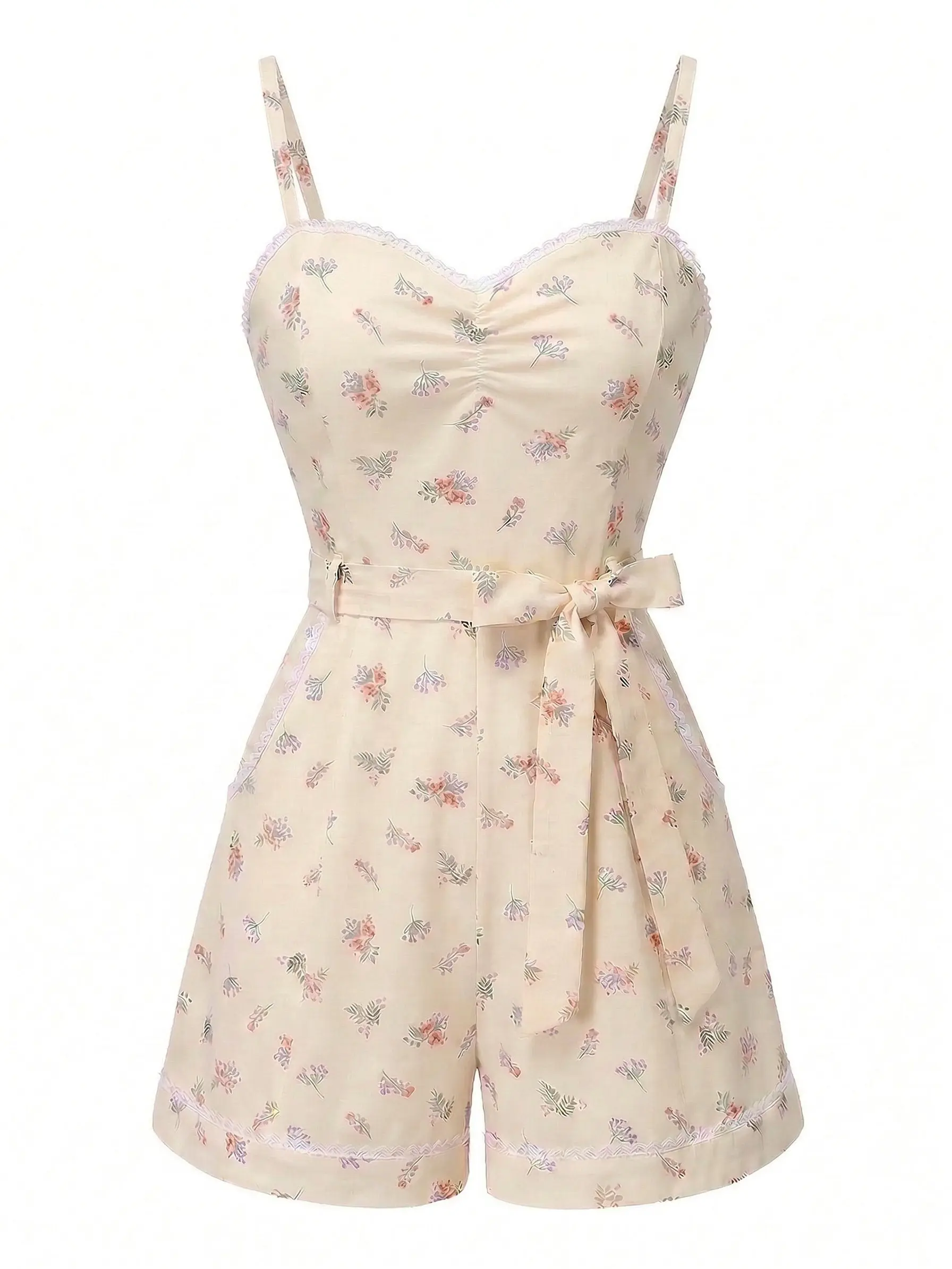 Beige 1940s Floral Suspender Romper Holiday Stylesummer outfits BackToSchool Sohochic Fall Dresses Fall outfits Fall fashion