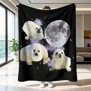 Starry Seal Flannel Print Blanket, Warm Animal Theme Throw, Dreamy Starry Home Decor, Wrinkle Resistant, Camping Blanket, Soft Warm Blanket, Throw Blankets
