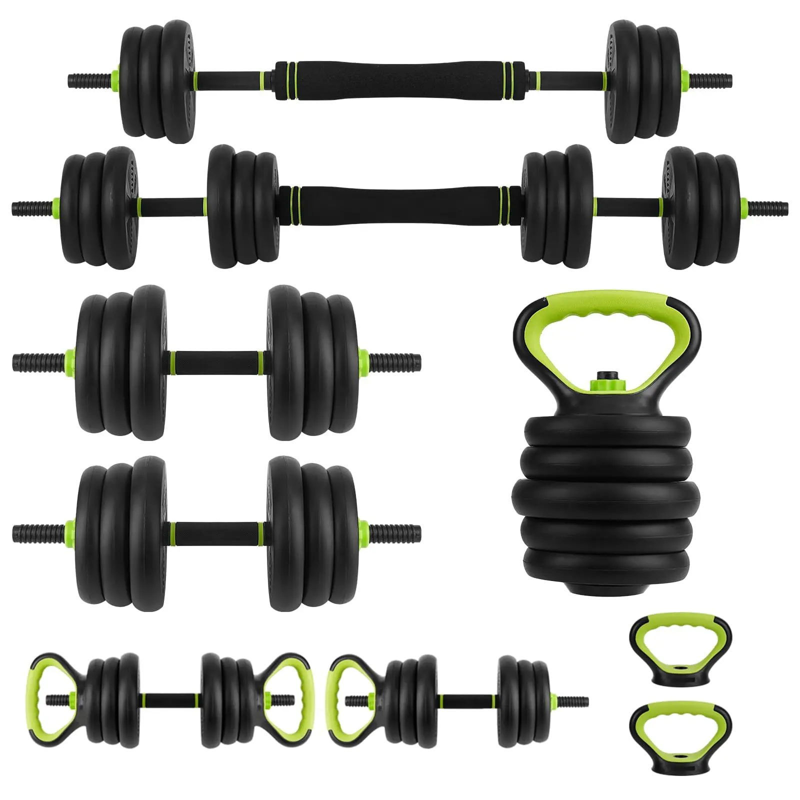Garvee Adjustable Dumbbell Set 33/44 Lbs Free Weight with Connector - 4 in 1 Multi-Functional Dumbbells Usable as Barbell, Kettlebells, and Push Up Stand - Green and Black Fitness Equipment