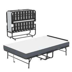 Folding Bed with Adjustable Headboard, Extra Long Rollaway Bed for Tall People, 5" Memory Foam Mattress, Heavy-Duty Guest Bed on Wheels, Spacious Twin Cot