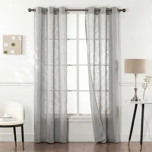 4 Piece Solid Belly Linen Fabric with Bamboo Gauze Sheer Texture Curtains, 34x84 Inch Grommet-Top Window Drapes, Home Decoration Curtains FT2503