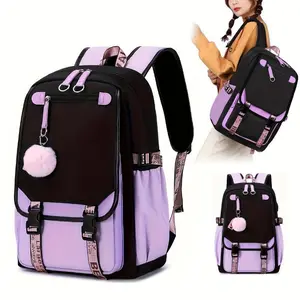 Fashionable Waterproof Ladies Backpack - Large Capacity, Purple And Black Design With Pink Embellishment, Suitable For School, Travel And Work Purposes, Durable Polyester, Casual Everyday Backpack | Cute Charm Accessories | Safety Zipper Cl