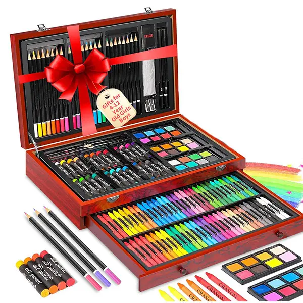 145-Pack Deluxe Wooden Art Set Crafts Drawing Painting Coloring Supplies Kit with 24 Colored Pencils, 24 Oil Pastels, 24 Watercolors, 60 Crayons, Perfect Gift for Adults, Artists
