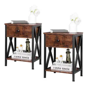 ZENY 2 Pack Wood Grain End Table Retro Industry Side Table W/ Drawer, Rustic Brown