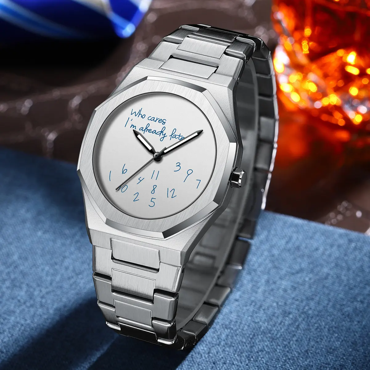 Men's Casual Analog Watch with Stainless Steel Band, Octagon Case, and Funny "Who Cares I'm Already Late" Slogan Dial, Casual Fashion Watch, Analog Fashion Quartz Watches