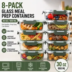 [8-Pack,30 oz]Glass Meal Prep Containers,Glass Food Storage Containers,Airtight lunch Containers with Lids, Microwave, Oven, Freezer and Dishwasher