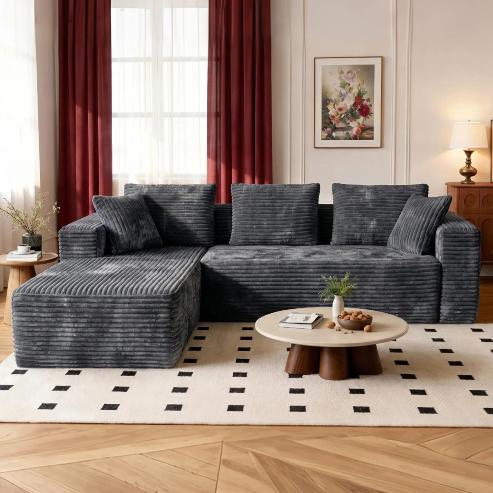 【Deals For You】ModernHub 108" L-Shaped Modular Boneless Modern Sofa, Corduroy Upholstered Cloud Couch for Living Room, Plush Deep Seat Furniture Set, Gray, Deep Seat Sofas, Corduroy Fabric Sofa