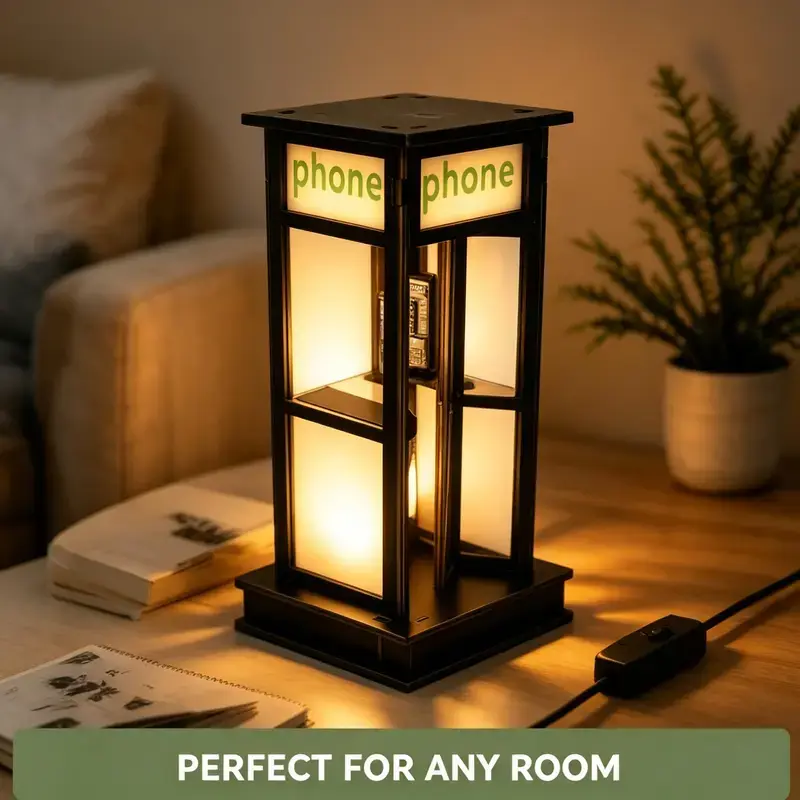 Vintage London Phone Booth Table Top Lamp - Retro Cozy Ambient Night Light, Compact, Room Decor for Indoor Recreation Spaces, All Seasons