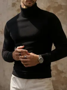 Men's Luxury High Neck Knit Sweater, Fall Winter Slim Fit Warm Plain Top, Italian Minimalist Style, Comfortable and Stylish Innerwear, Long Sleeve, Knitwear