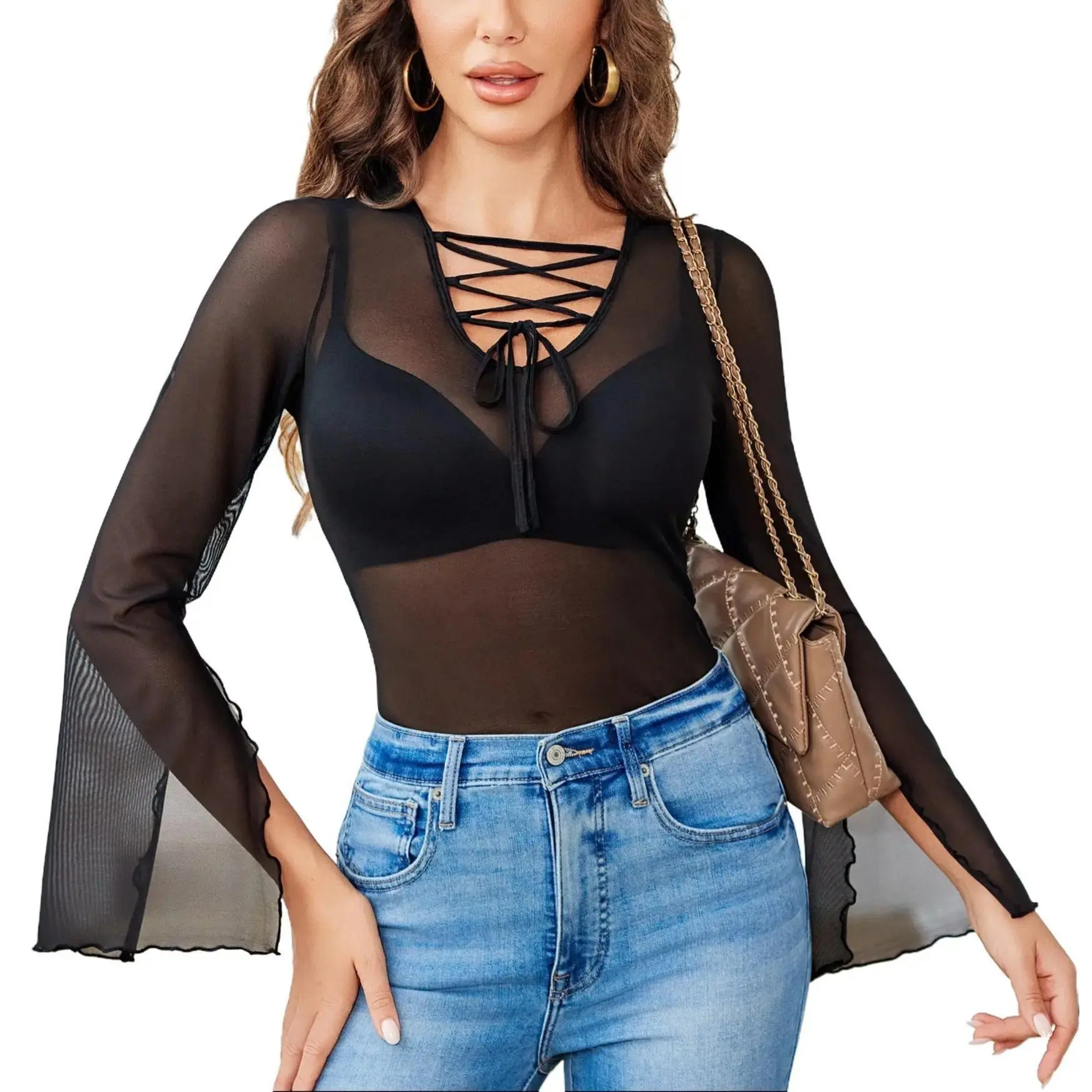 Avidlove Bell Sleeve Criss Cross V Neck Tops for Women Sheer Mesh Shirt Going Out Blouses