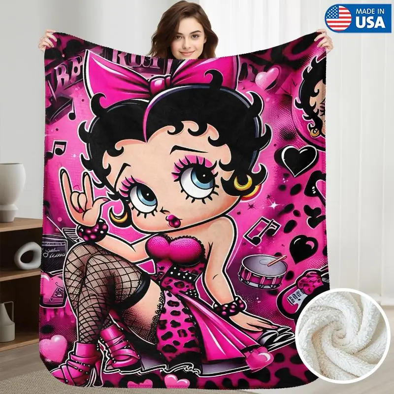 BETTY BOOP Cartoon Sherpa Flannel Blanket - Ultra Soft Lightweight Polyester, Machine Washable, Cozy for Bed & Sofa, Giftable for Wife, Made in USA, Wall Decoration, Flannel Blankets, Giftable Blankets