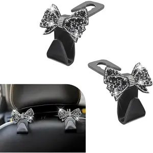 2 PCS Bling Bow Car Seat Headrest Hooks, S Type Crystal Seat Back Hangers, Universal Vehicle Storage Organizer for Handbag, Purse, Coat, Grocery Bags (Black)