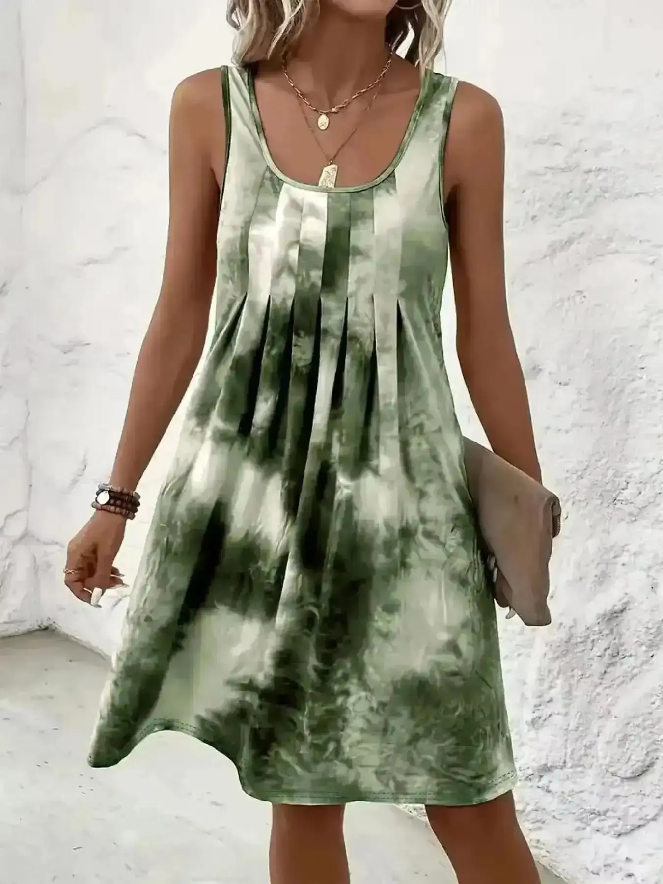 Elegant Colorblock Tie-Dye Sleeveless Vest Dress, Boho Casual Style, Perfect for Traveling Outdoors, Women's Fashionable Summer Wear, Elegant, Chic, Classy, Lightweight, Breathable, Stretchy, Tropical Vibe