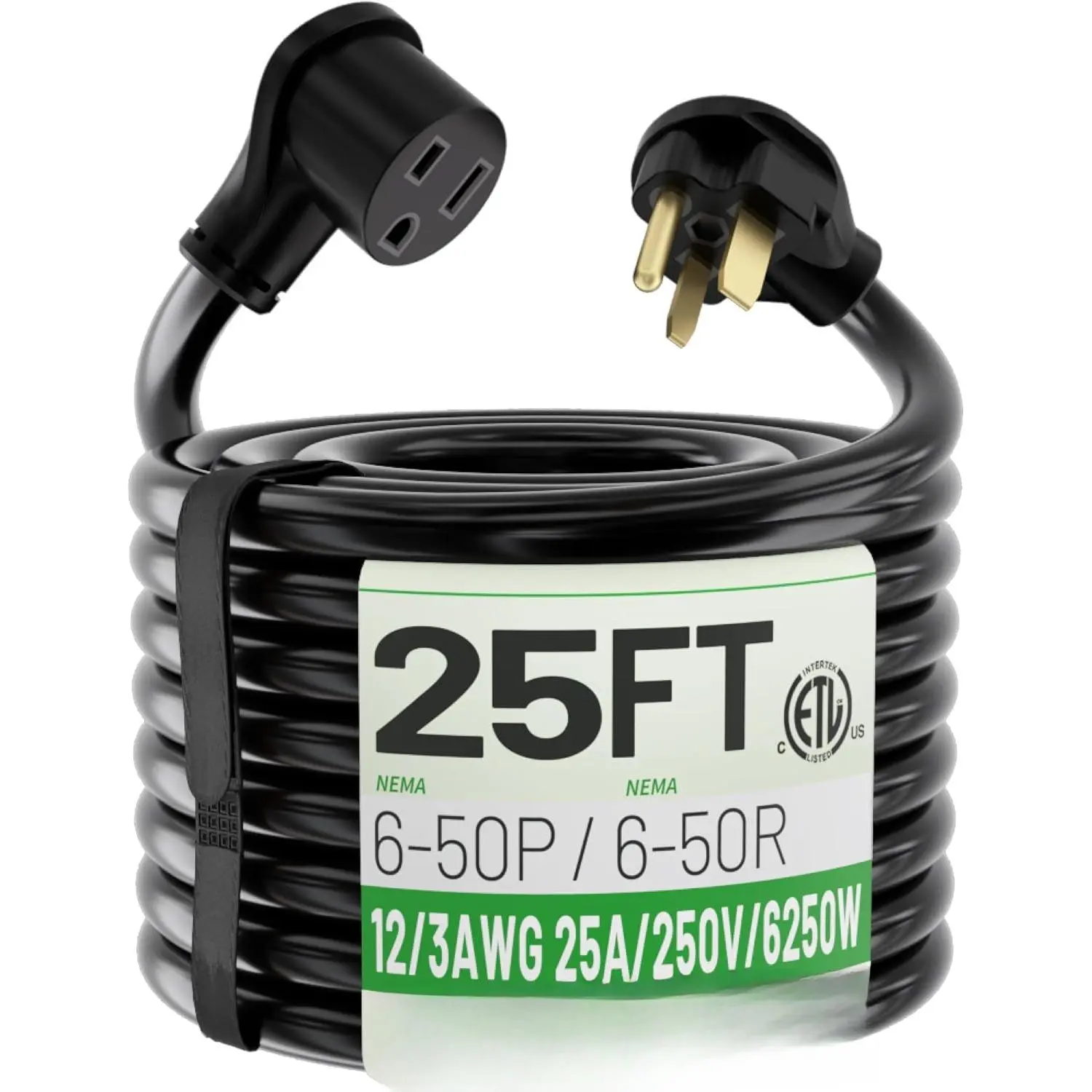 25 AMP 25ft Welder Extension Cord Outdoor 12 Gauge, 250V NEMA 6-50 Heavy Duty Welding Cord 3 Prong, 12AWG SJTW Black, ETL