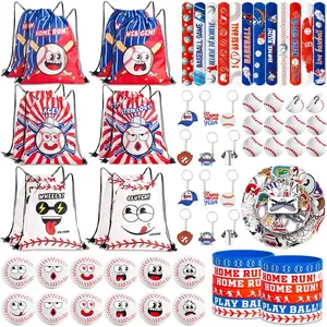 122 Pcs Baseball Party Favors for Kids - Themed Goodie Bag Set with 12 Funny Face Drawstring Bags Stress Balls Pull Back Cars Wristbands Slap Bracelets Keychains Stickers for Party Supplies