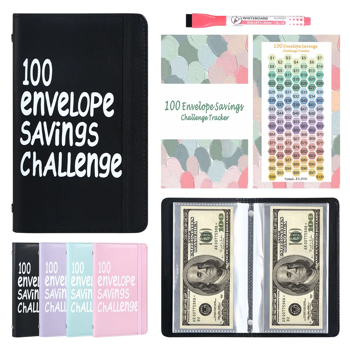 Women's PU Leather Portable Budget Binder Book - A5 100 Envelopes Money Saving Challenge Kit, Budget Planners, Savings Tracker Card, Pen, 100-Days to Save $5,050 for Adult Smart Money Habits