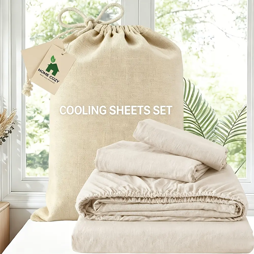 MUXHOMO Linen bamboo Sheet Set Deep Pocket Up to 16" Bed Sheets Sets, Flax Beddings Soft, Breathable, Comfortable for All Seasons 4 Pcs Sheet Set Queen Size