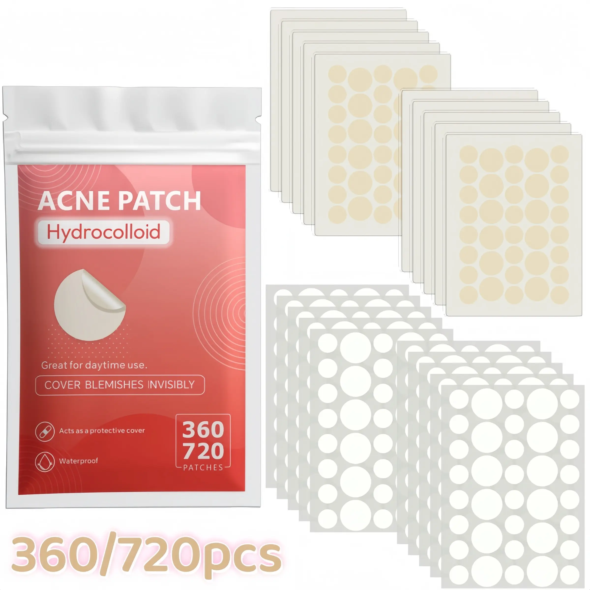 360/720pcs Nude & Transparent Dot Acne Pimple Patch Set, Acne Patches, Covers Blemishes & Spots, Dual-Color Assorted Sizes, Clear Edge Design, Seamless Natural Look, Everyday Minimal Style