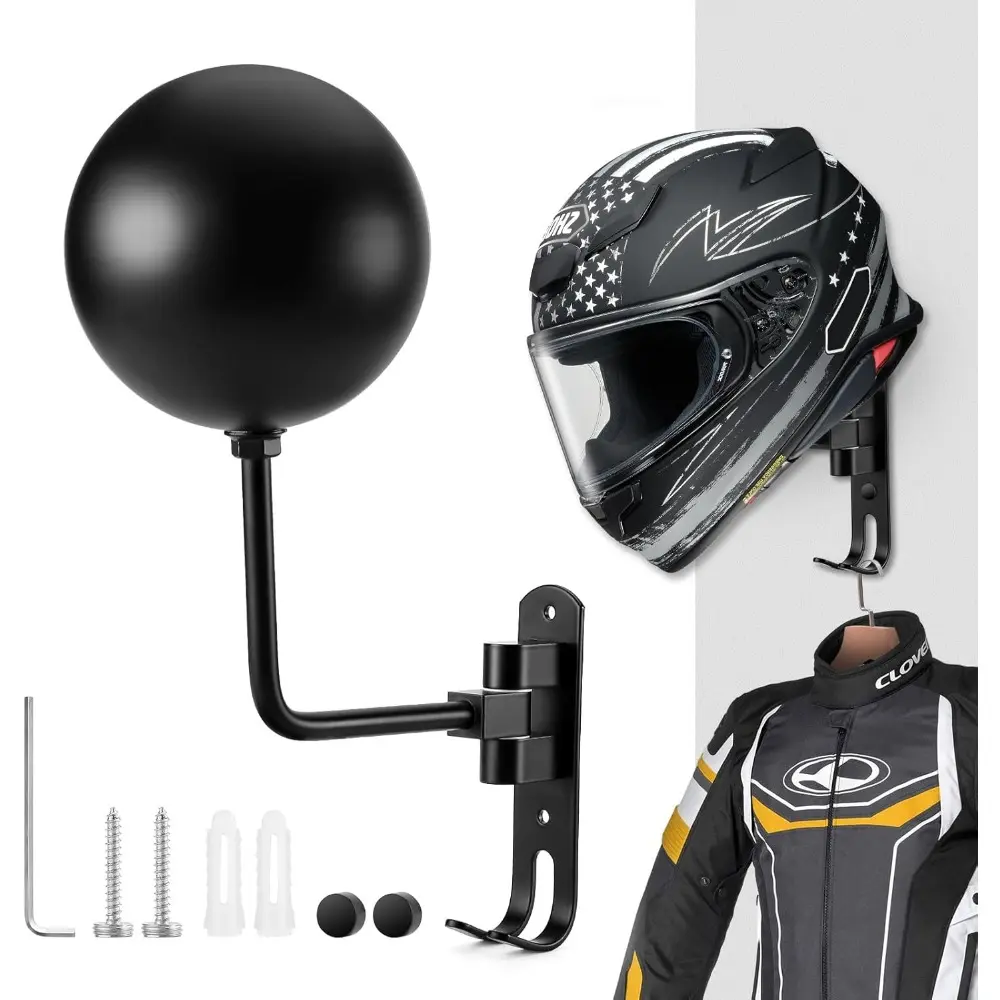 Helmet Holder, Helmet Rack Wall Mount 180 Degree Rotation Helmet Hanger with Double Hook for Coats, Caps, Hats, Accessories