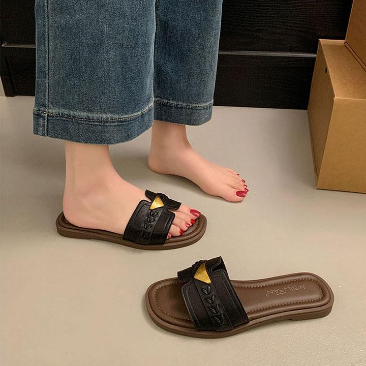 Women's Elegant Gold Triangle Accent Open Toe Mules - Comfortable Flat Sandals for Commuting & Summer Outings