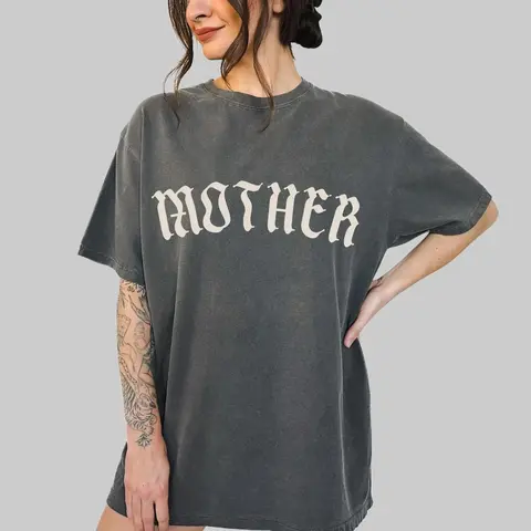 Women's Comfortable Gothic Loose Soft Seamless Cotton Printed T-Shirt - Twist Design, Oversized Mom Top, Old English "Mother" Print, Trendy Alternative Metal Core Clothes for Women, 2-Piece Compatible Option, Father's Day Gift T0313